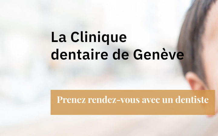 Premier écran de geneva-dental-clinic.ch : le titre « La Clinique dentaire de Genève » en noir sur une photographie de cabinet floutée, et un bandeau or portant « Prenez rendez-vous avec un dentiste ».