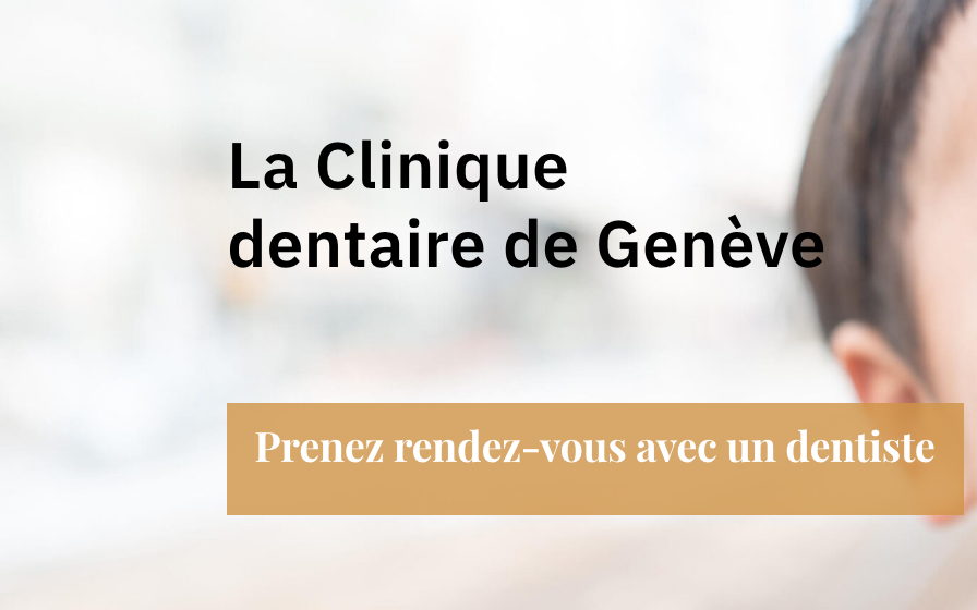 Premier écran de geneva-dental-clinic.ch : le titre « La Clinique dentaire de Genève » en noir sur une photographie de cabinet floutée, et un bandeau or portant « Prenez rendez-vous avec un dentiste ».