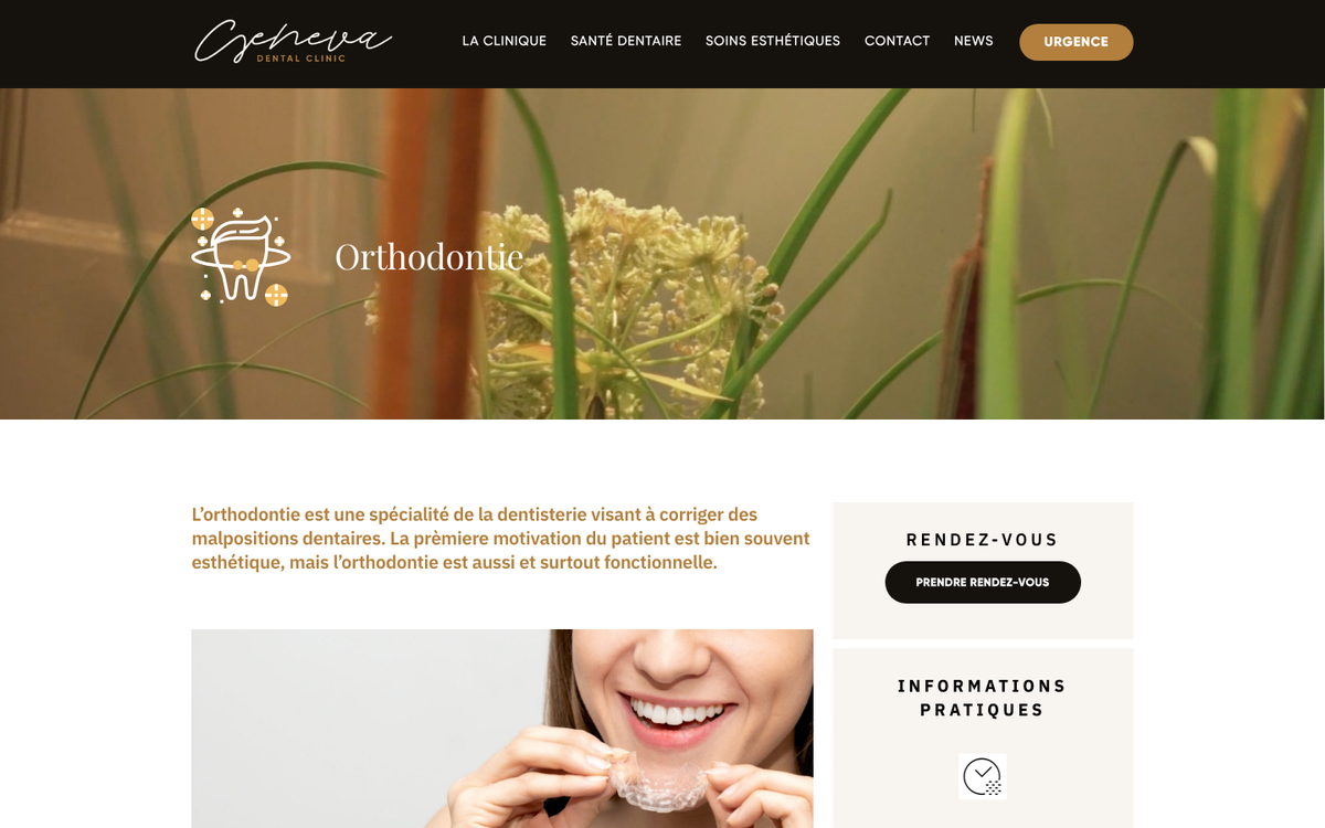 Page orthodontie de geneva-dental-clinic.ch, avec un bandeau de titre sur photographie végétale, un chapeau explicatif, et à droite un encadré de prise de rendez-vous suivi d'un encadré d'informations pratiques.