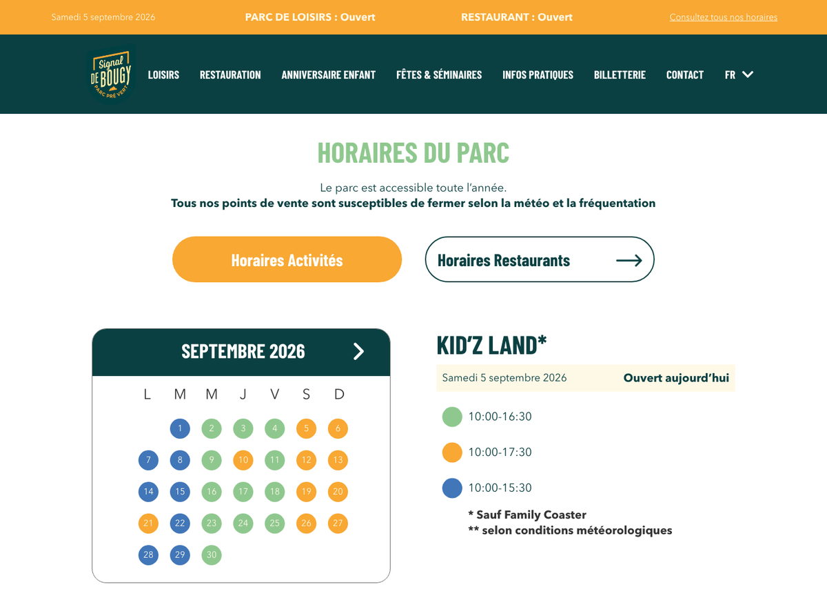 Page des horaires de signaldebougy.ch : deux boutons séparent les horaires d'activités et de restaurants, un calendrier de septembre 2026 code chaque jour en vert, orange ou bleu selon sa plage d'ouverture, et un panneau intitulé Kid'z Land indique « Ouvert aujourd'hui » avec les trois plages correspondantes.