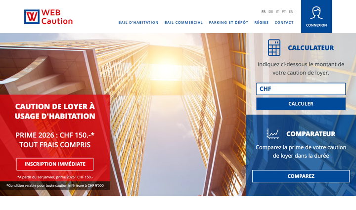 Accueil de webcaution.ch. À gauche un bandeau rouge annonce la caution de loyer d'habitation et sa prime, à droite un calculateur de prime et un comparateur sur fond bleu.