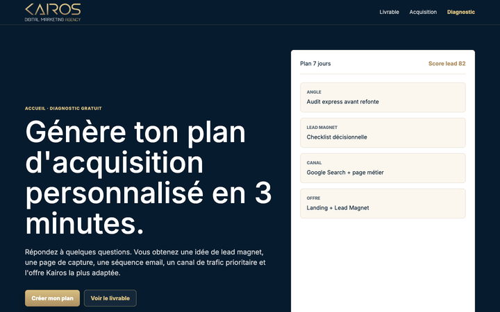 Page d'accueil du générateur de plan d'acquisition Kairos, en nuit et or. À gauche le titre « Génère ton plan d'acquisition personnalisé en 3 minutes » et deux boutons, à droite une carte blanche résumant un plan à sept jours avec angle, lead magnet, canal et offre.